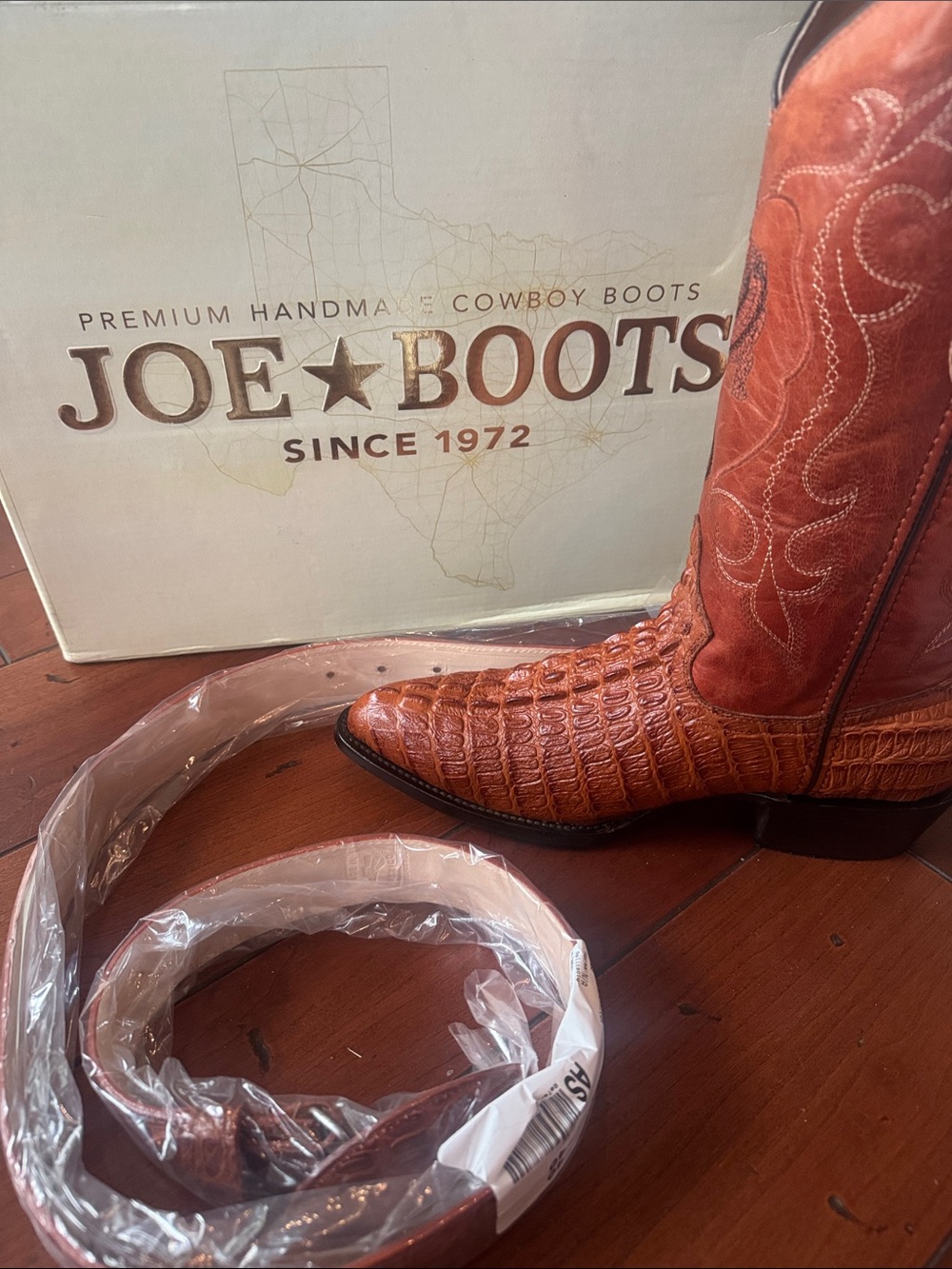 Men’s Brown Croc-Embossed Leather Cowboy Boots with Matching Belt